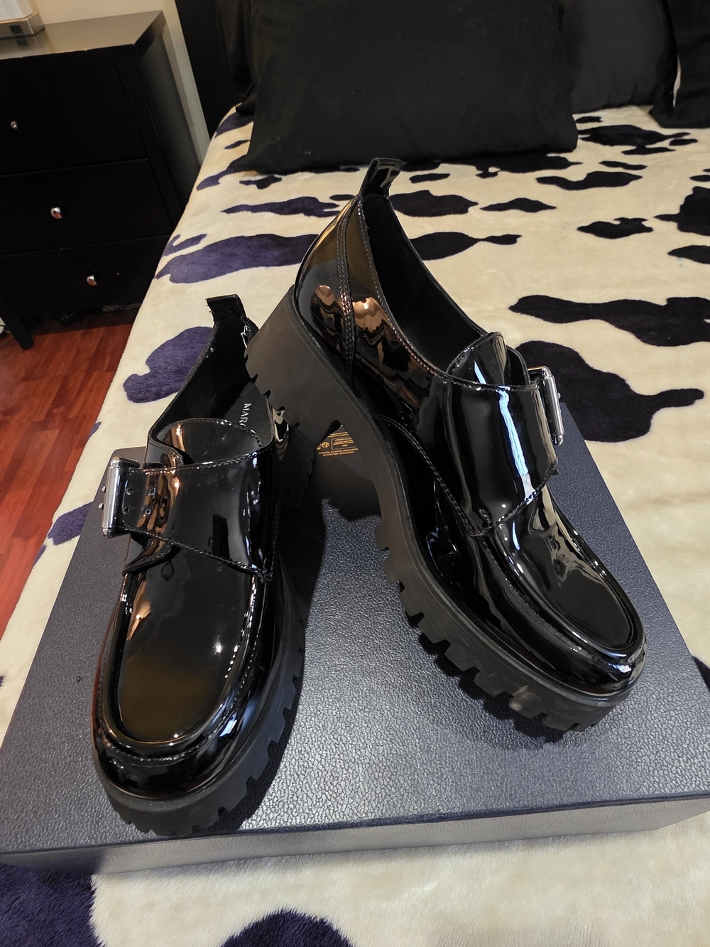 Marc Fisher Black Patent Lug-Sole Buckle Loafers